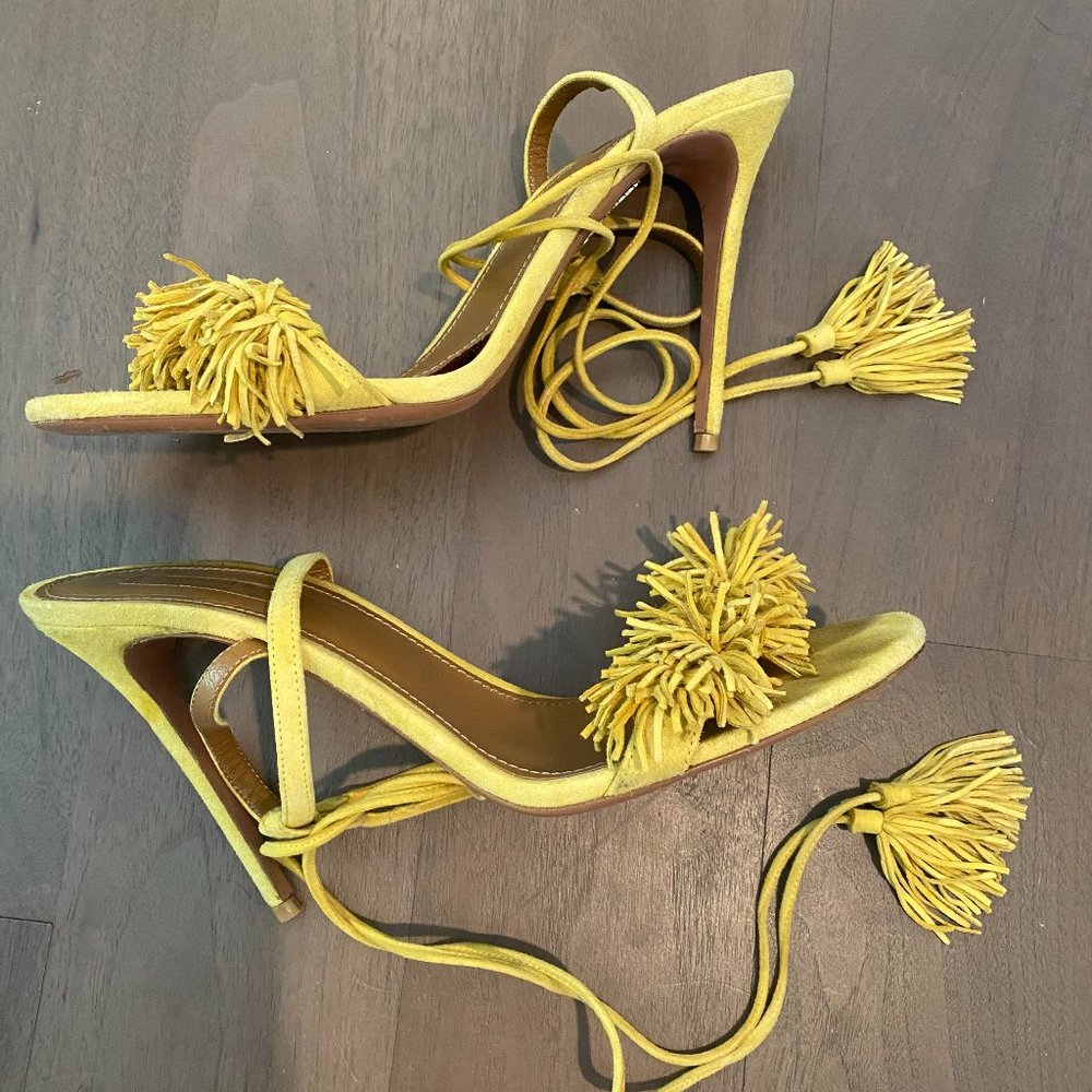Aquazzura yellow fringe lace up heels